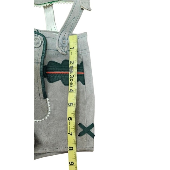 80s Leather Lederhosen Brown/Grey with Green and Red Leather Piping Details - Picture 8 of 11